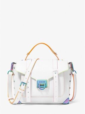 Michael Kors White Satchel with Iridescent Hardware and Orange Handle